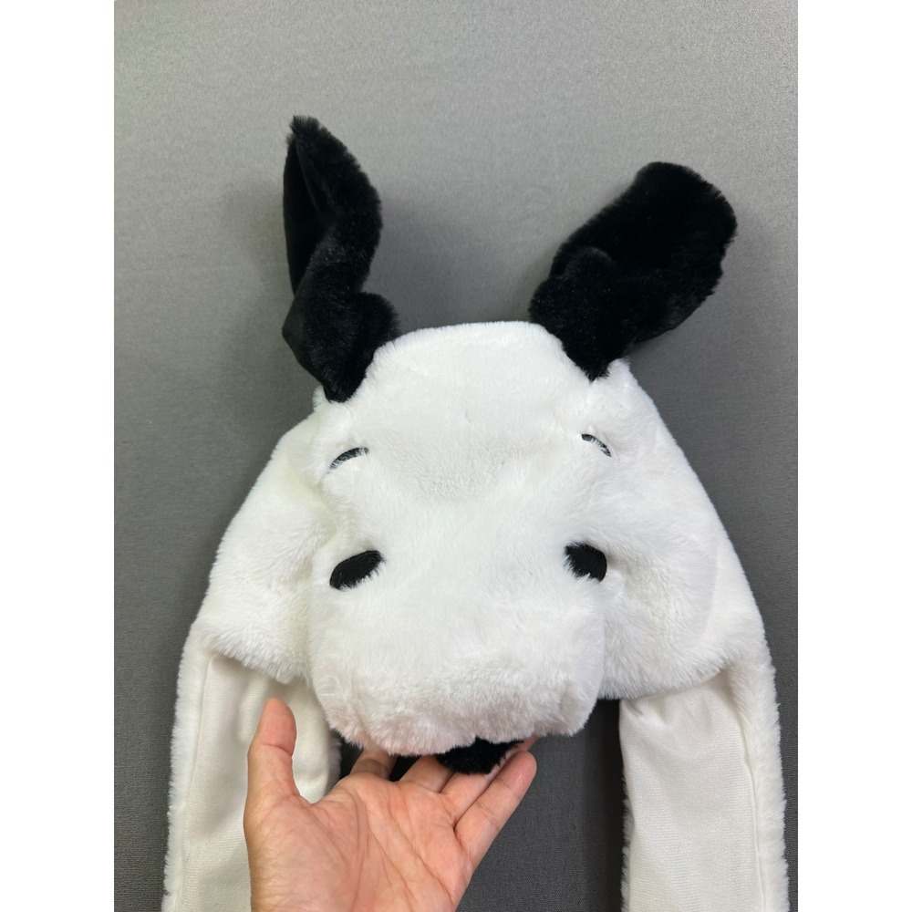 Snoopy Peanuts Plush Character Hat Faux Fur White Black Paw Print Ear Flaps